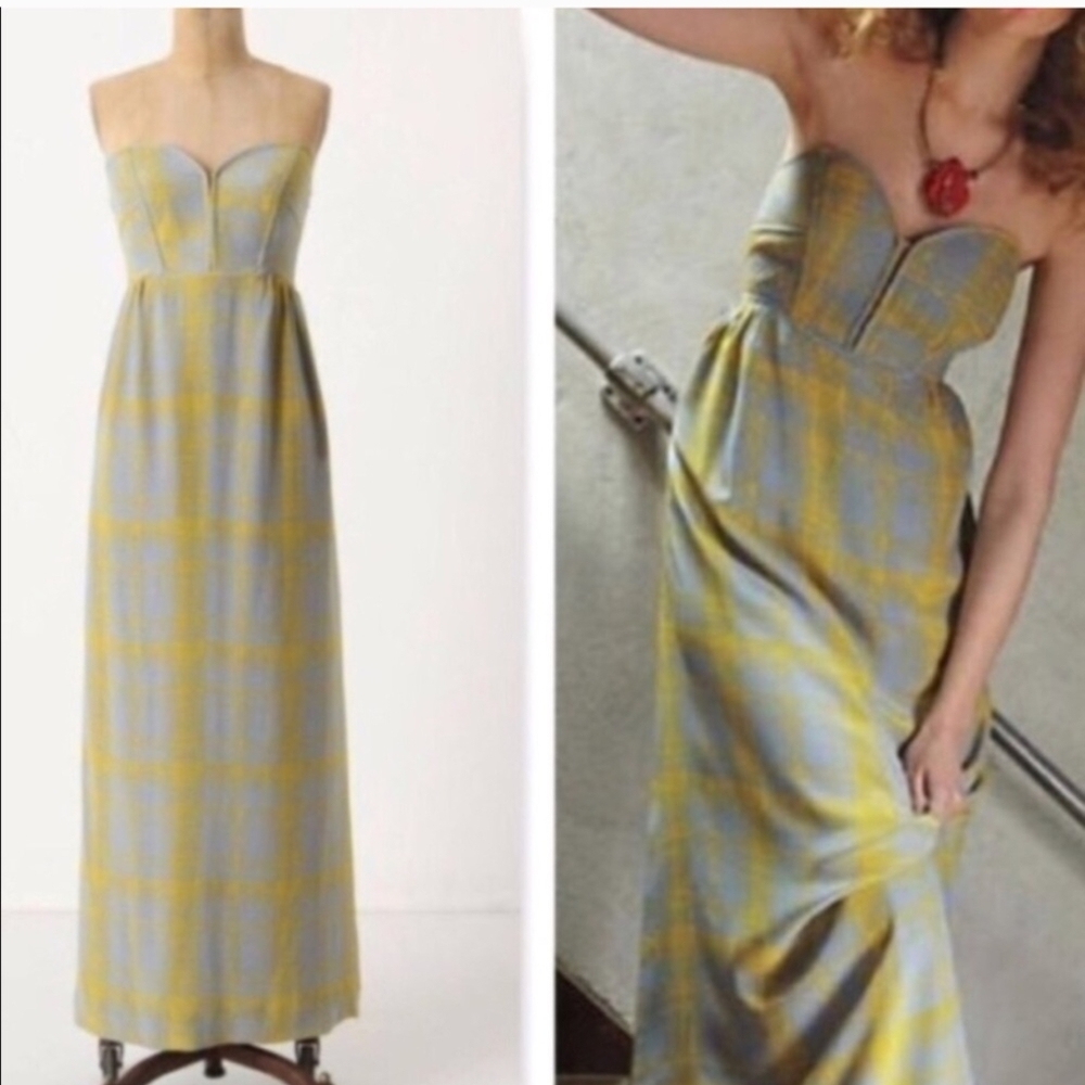 Elegant Strapless Plaid Dress - Yellow and Gray